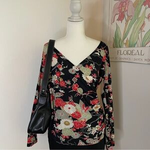 Vintage Y2K Mesh Wrap Long Sleeve Top S Floral Fairy Boho Semi Sheer Feminine